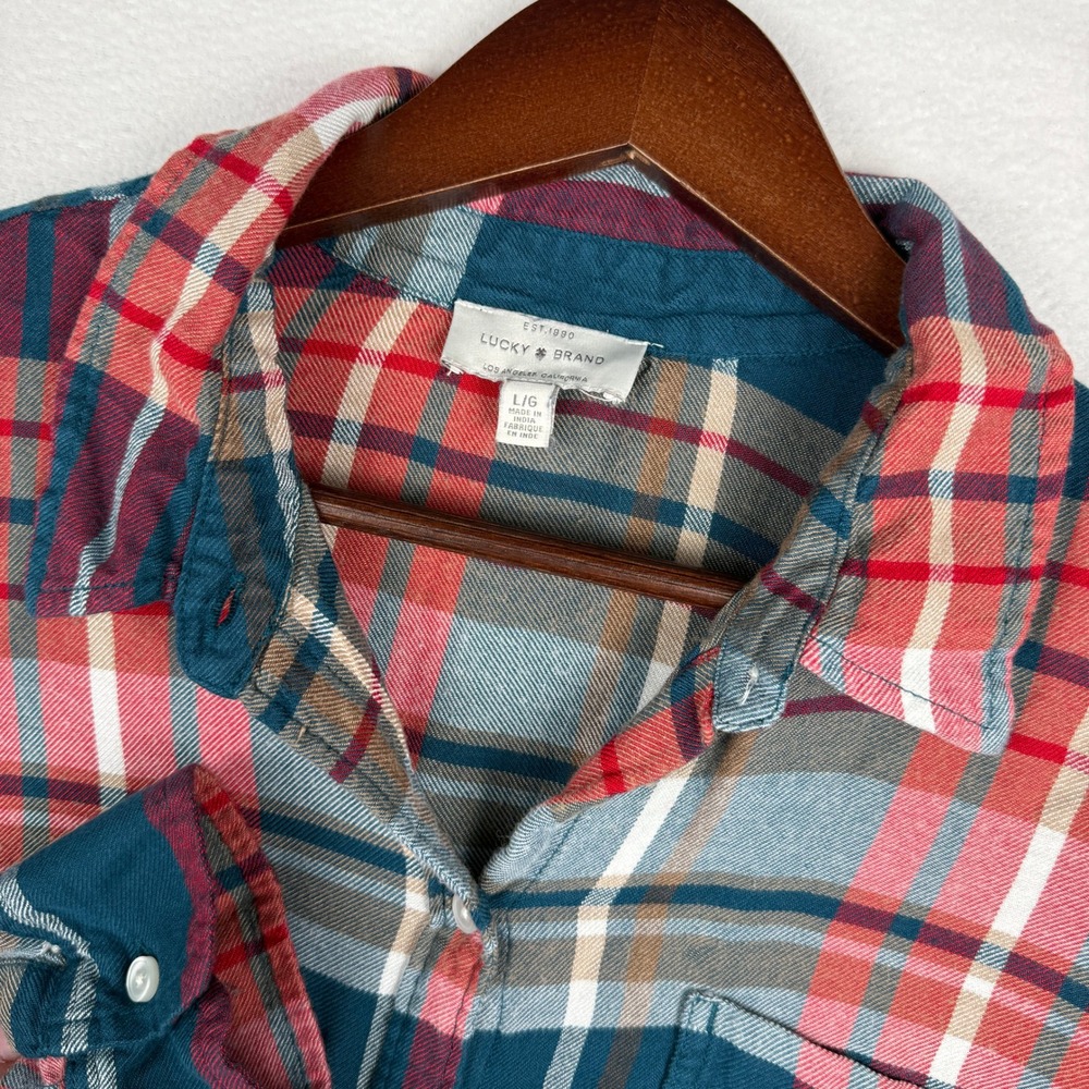 Lucky Brand Womens L Teal Burgundy Plaid Flannel Button Back Shirt